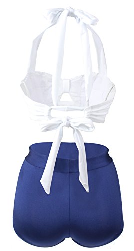 Gigileer Damen Retro Badeanzug Bademode Bikini Set hohe Teillen weiss & blau XXL - 