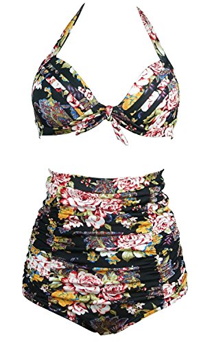 Gigileer 50's Rockabilly Damen Frauen Bademode Bikini Swimsuit High Waisted - Bauchweg - Plus Size Schwarz M