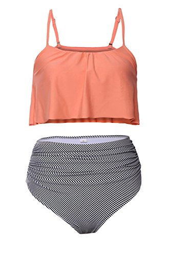 Gigileer Vintage Damen Volant Push Up High Waisted Bikini Set Badeanzug Bademode Orange XXXL