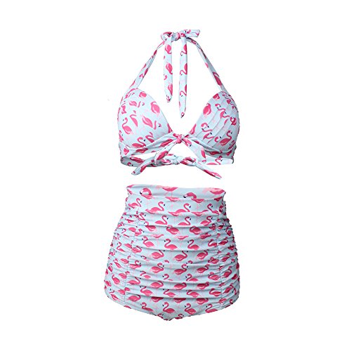 Gigileer 1950's Damen Frauen Badeanzug Bademode Rockabilly Bikini Set - Hohe Taillen -Neckholder - bauchweg-Flamingo M