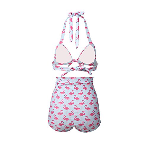 Gigileer 1950's Damen Frauen Badeanzug Bademode Rockabilly Bikini Set - Hohe Taillen -Neckholder - bauchweg-Flamingo M - 