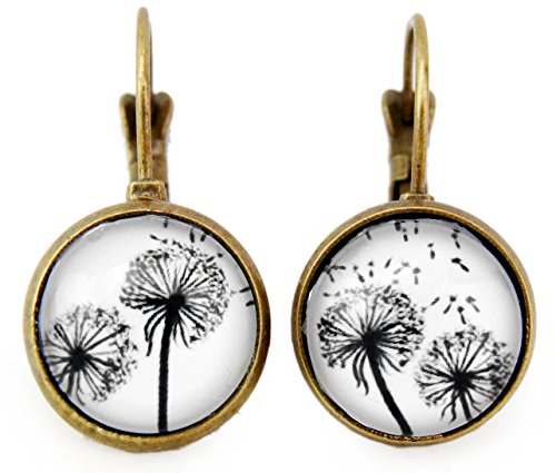 Miss Lovie Damen Pusteblume Ohrringe Cabochon 12mm Ohrschmuck Schwarz Weiß