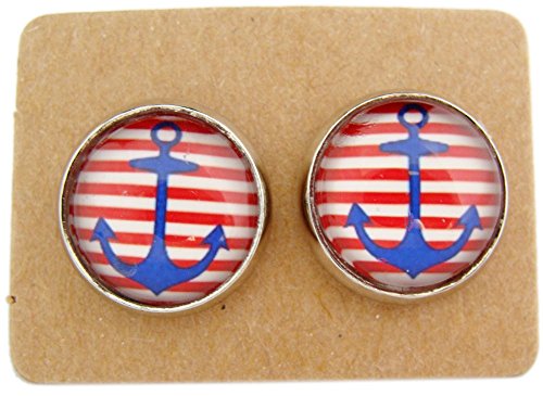 Miss Lovie Ohrstecker Nautische Anker Ohrringe Cabochon 12mm Ohrschmuck Blau Rot Silber - 3