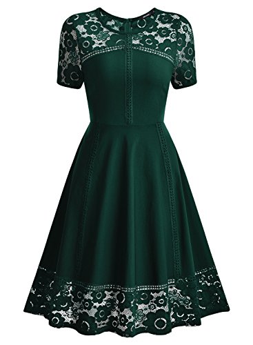 Miusol Damen Elegant Abendkleid Spitzenkleid Rundhals Vintage 1950er Faltenrock Cocktailkleid Gruen Gr.XXL -