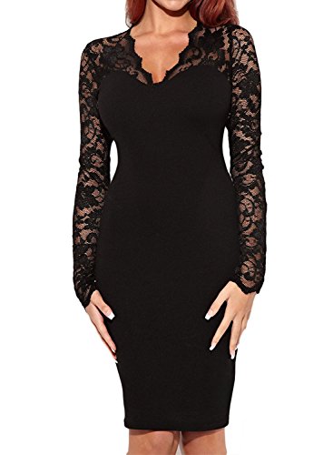 Miusol Abendkleid Spitzen V-Ausschnitt Cocktail Ballkleid Langarm Kleid schwarz/weiß