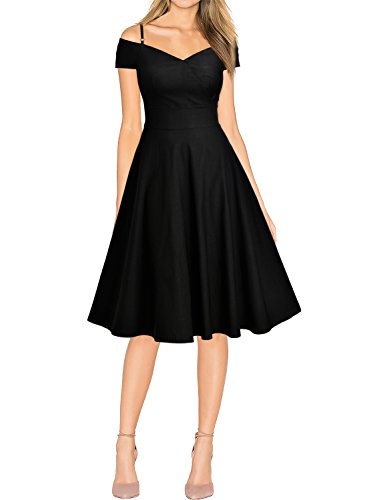 Miusol Damen Elegant Cocktailkleid Off Schulter Retro Schwingen Pinup Rockabilly Abendkleid Schwarz Gr.XL