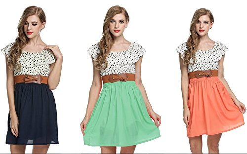 Zeagoo Damen Vintage Sommerkleid Punkt Partykleid Polka Dots O-Ausschnitt Minikleid mit Gürtel - 5