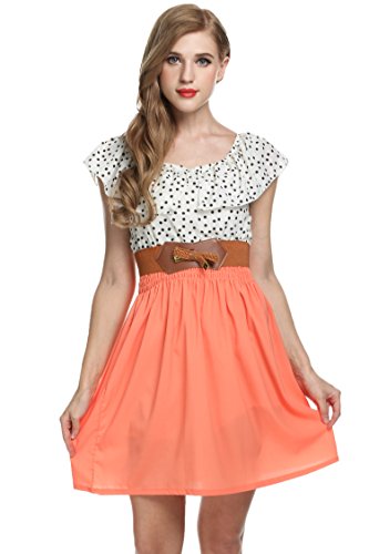 Zeagoo Damen Vintage Sommerkleid Punkt Partykleid Polka Dots O-Ausschnitt Minikleid mit Gürtel - 3