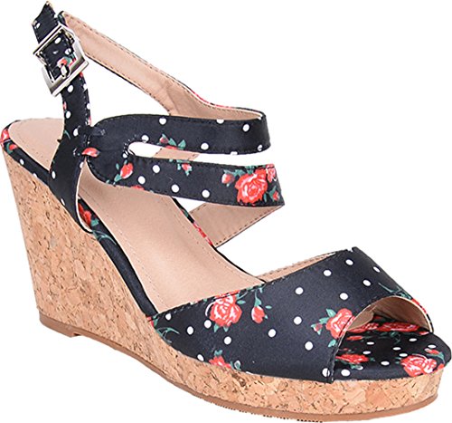 Vintage FLORAL Rose POLKA Dots Kork RIEMCHEN Wedges Rockabilly