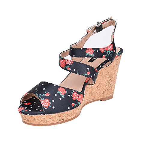 Vintage FLORAL Rose POLKA Dots Kork RIEMCHEN Wedges Rockabilly - 4