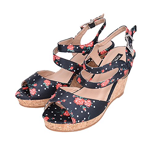 Vintage FLORAL Rose POLKA Dots Kork RIEMCHEN Wedges Rockabilly - 5