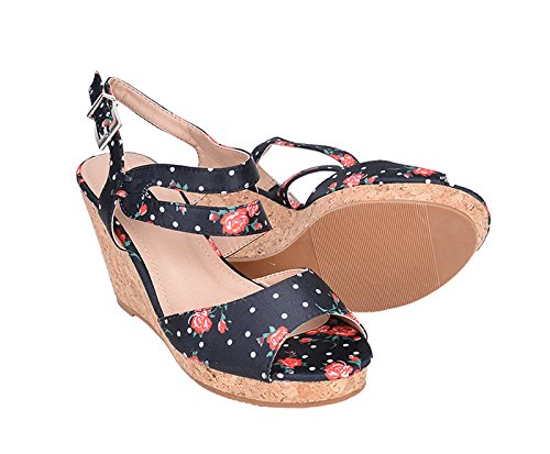 Vintage FLORAL Rose POLKA Dots Kork RIEMCHEN Wedges Rockabilly - 6