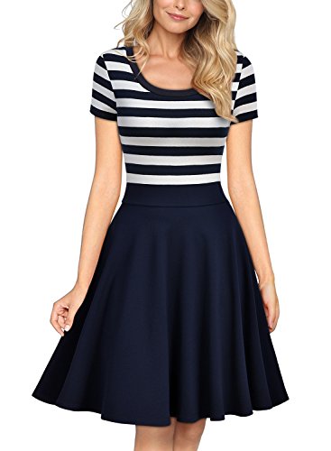 MIUSOL Sommer Vintage Streifen Rundhals Retro Schwingen Pinup Rockabilly 1950er Kleid Navy Blau