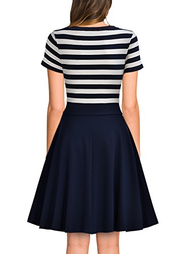MIUSOL Damen Sommer Vintage Streifen Rundhals Retro Schwingen Pinup Rockabilly 1950er Kleid Navy Blau Gr.M -