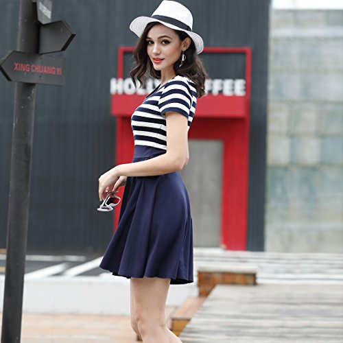 MIUSOL Sommer Vintage Streifen Rundhals Retro Schwingen Pinup Rockabilly 1950er Kleid Navy Blau - 5