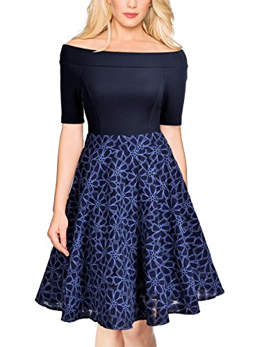 MIUSOL Cocktailkleid Schulterfei Rockabilly Elegant Abendkleid Navy Blau