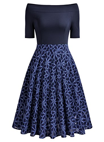MIUSOL Damen Retro Cocktailkleid Schulterfei Rockabilly Elegant Abendkleid Navy Blau Gr.M -