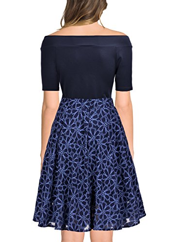 MIUSOL Damen Retro Cocktailkleid Schulterfei Rockabilly Elegant Abendkleid Navy Blau Gr.M -