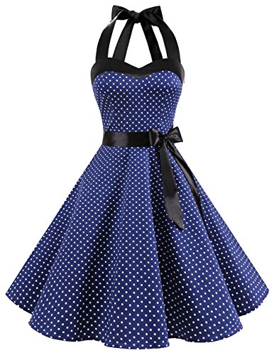 Dresstells Neckholder Rockabilly 50er Polka Dots Punkte 1950er Kleid Petticoat Faltenrock Navy White Dot M