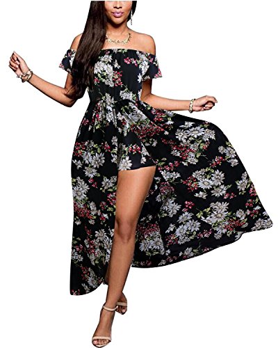 BIUBIU Damen Schulterfrei Strand Spielanzug Boho Blumendruck party Kleid Große Größen Schwarz DE 40