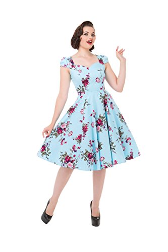 Pretty Kitty Schwarz hellblauen Blüten-Blumendruck Baumwolle 50s Kleid