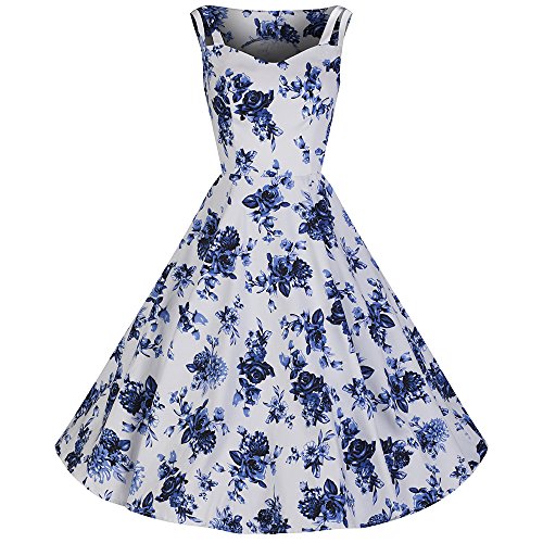 Pretty Kitty Fashion ärmellosen weißen blaue Blumenblüte Schaukel 50er Jahre Kleid