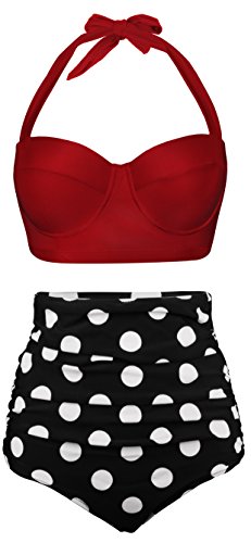 Angerella Damen Retro Stil Polka-Punkt mit hoher Taille Badeanzug Bikini Set (EU 46-48=Tag Size 5XL, Rot)