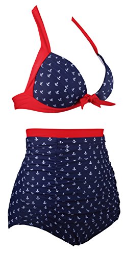 Angerella Retro Polka-Punkt Badeanzug mit hoher Taille Bikini Set(BKI049-R1-L) - 