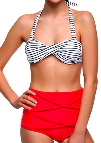 Angerella Damen Retro Stil Bademode Polka-Punkt mit hoher Taille Bikini Set Badeanzug (BKI033-R1-2XL)