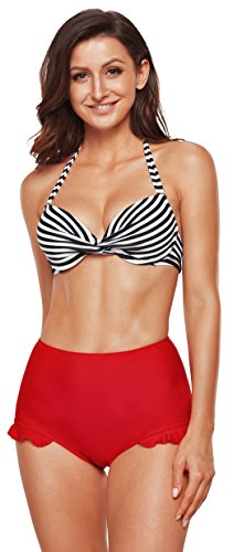 Angerella Frauen Retro Striped Top Halter Neck Back Straps Bikini Zwei St¨¹ck Badeanzug - 