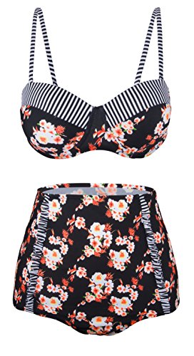 Angerella Damen Vintage Floral Muster Badeanzug Bikini Set mit hoher Taille (BKI036-B1-L)