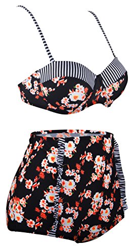 Angerella Damen Vintage Floral Muster Badeanzug Bikini Set mit hoher Taille (BKI036-B1-L) - 