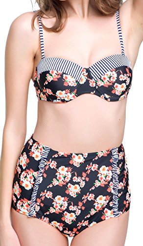 Angerella Damen Vintage Floral Muster Badeanzug Bikini Set mit hoher Taille (BKI036-B1-L) - 