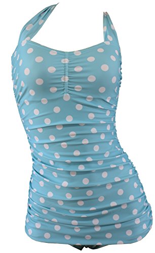 Aloha-Beachwear Rockabilly Vintage Look Neckholder Damen Badeanzug mit Polka Dots gepunktet Punkte A3039 (L / 40 / UK 14, Türkis / Weiss)