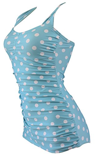 Aloha-Beachwear Rockabilly Vintage Look Neckholder Damen Badeanzug mit Polka Dots gepunktet Punkte A3039 (L / 40 / UK 14, Türkis / Weiss) - 2