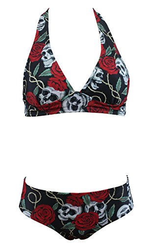 Aloha-Beachwear Damen Vintage Triangel Bikini Set Totenkopf Rose Tattoo Retro, A70600 Mehrfarbig (M / EU 38 / UK 12)