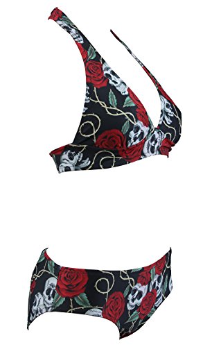 Aloha-Beachwear Damen Vintage Triangel Bikini Set Totenkopf Rose Tattoo Retro, A70600 Mehrfarbig (M / EU 38 / UK 12) - 2