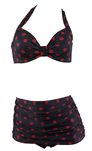 Aloha-Beachwear Polka Dots Vitage Look High Waisted Damen Neckholder Bikini A1061, gepunktet (M / 38 / UK 12, Schwarz / Rot)