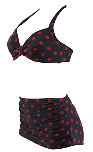 Aloha-Beachwear Polka Dots Vitage Look High Waisted Damen Neckholder Bikini A1061, gepunktet (M / 38 / UK 12, Schwarz / Rot) - 2