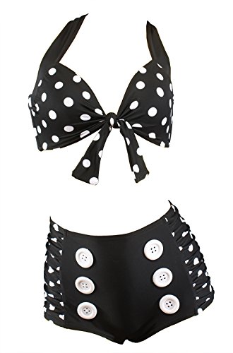 Aloha-Beachwear Damen Vintage Bikini high waisted mit Knöpfen panty Polka Dots gepunktet, A1210 (M / 38 / UK 12)