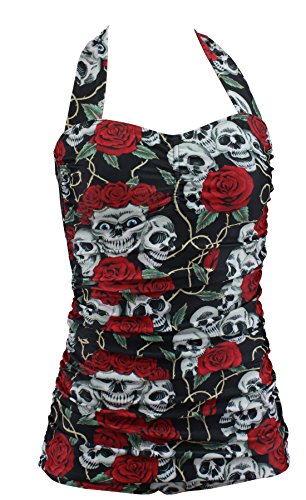 Aloha-Beachwear Damen Neckholder Badeanzug im Vintage Retro Look Rose Skull Totenkopf, A30720 mehrfarbig (XL / 44 / UK 18)
