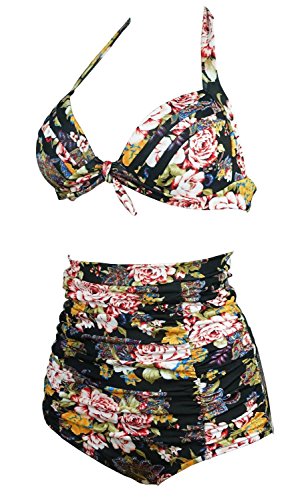 Gigileer 50's Rockabilly Damen Frauen Bademode Bikini Swimsuit High Waisted - Bauchweg - Plus Size Schwarz XXL - 