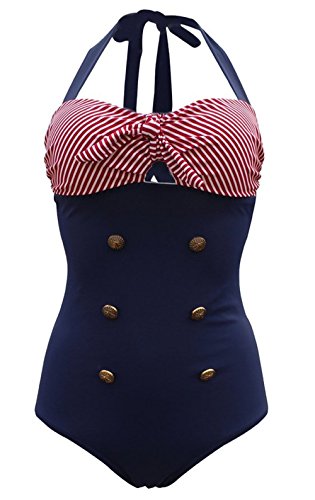 Frauen 50's Vintage Damen Retro Bandeau One Piece Bademode  High Waist Plus Size Badeanzug Bauchweg, rot- blau, XXL