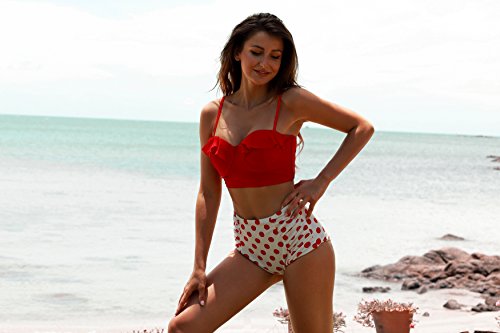 EasyMy Frauen Vintage Hohe Taille Polka Dot Bottom Bikini Set Strap Push Up Badeanzug -