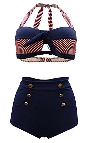 SISSIJOE Damen Bunt Retro PinUp Vintage Bikini mit hoher Taille Bademode Badeanzug Streifen Rot X-Large