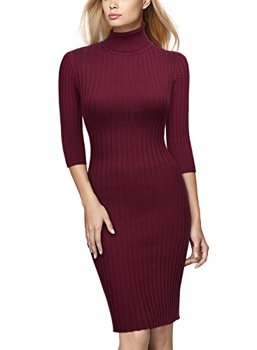 Miusol Damen 3/4 Aermel Wollkleid hoher Kragen Figurbetontes Strickkleid Pullover Kleid Weinrot Gr.46/48/L - 2