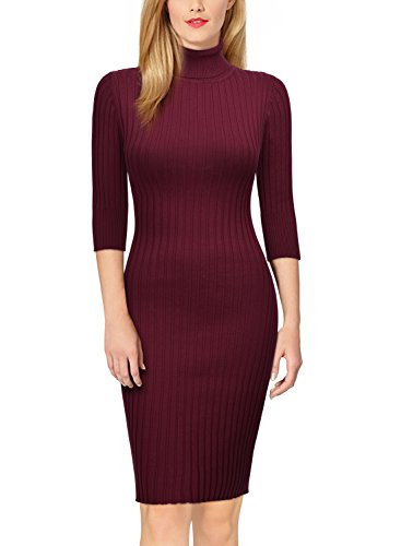 Miusol Damen 3/4 Aermel Wollkleid hoher Kragen Figurbetontes Strickkleid Pullover Kleid Weinrot Gr.46/48/L - 4