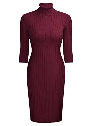 Miusol Damen 3/4 Aermel Wollkleid hoher Kragen Figurbetontes Strickkleid Pullover Kleid Weinrot Gr.46/48/L - 6