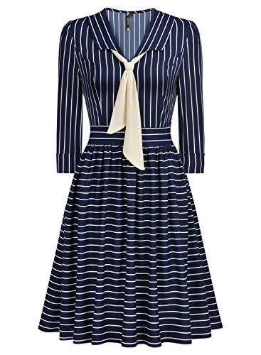 MIUSOL Business Tiefer V-Ausschnitt Schal 3/4 Arm Streifen A-Linie Damen Abendkleid Navy Blau L - 