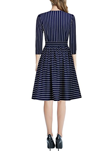 MIUSOL Business Tiefer V-Ausschnitt Schal 3/4 Arm Streifen A-Linie Damen Abendkleid Navy Blau L - 